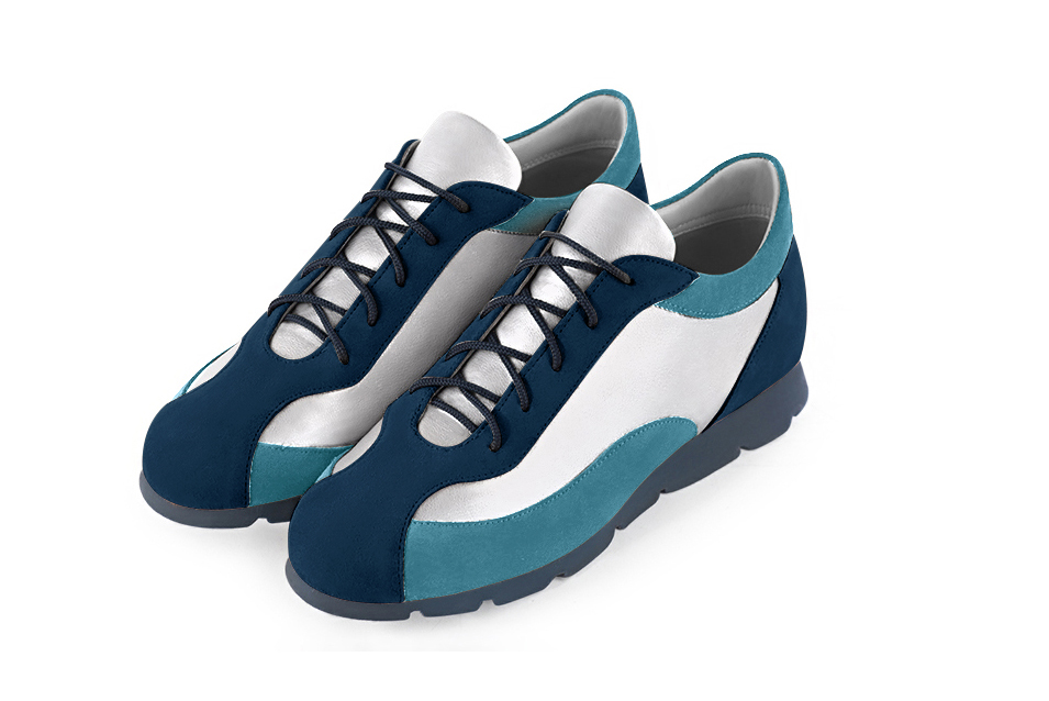 Navy blue and light silver women's elegant sneakers. Round toe. Flat rubber soles. Front view - Florence KOOIJMAN